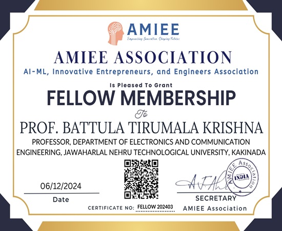 Prof. Battula Tirumala Krishna Certificate